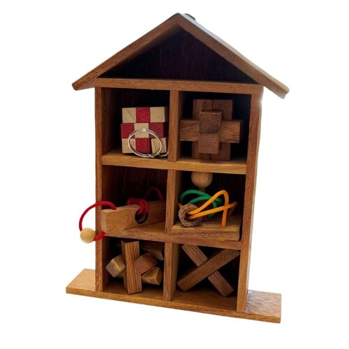 Dřevěný domeček  - 6ks mini hlavolamů
